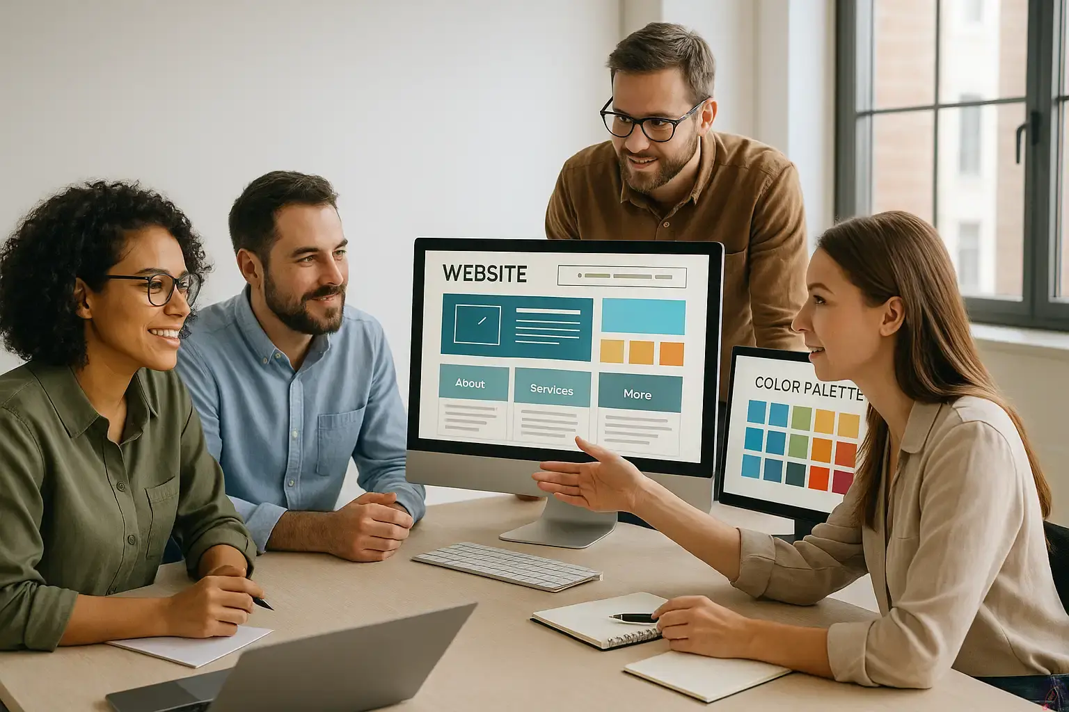 تیم طراحی وب شرکتی در حال بررسی ساختار و رنگبندی سایت روی مانیتورهای بزرگ در محیطی مدرن و حرفهای.