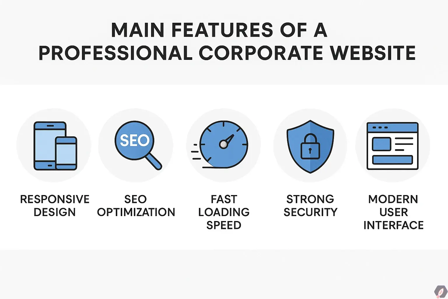اینفوگرافیک ویژگیهای اصلی طراحی سایت شرکتی حرفهای شامل ریسپانسیو بودن، سئو، سرعت بالا، امنیت و طراحی کاربرپسند.