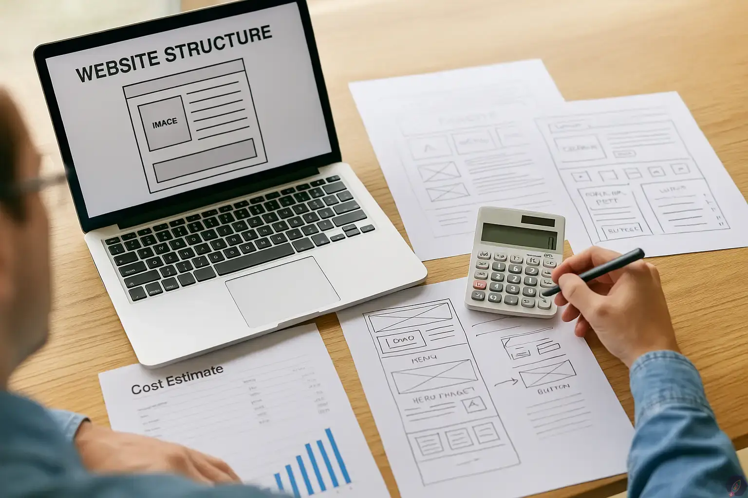 طراح وب در حال محاسبه هزینه پروژه و برنامهریزی ساختار سایت شرکتی در محیط کاری مدرن با لپتاپ و طرحهای اولیه.