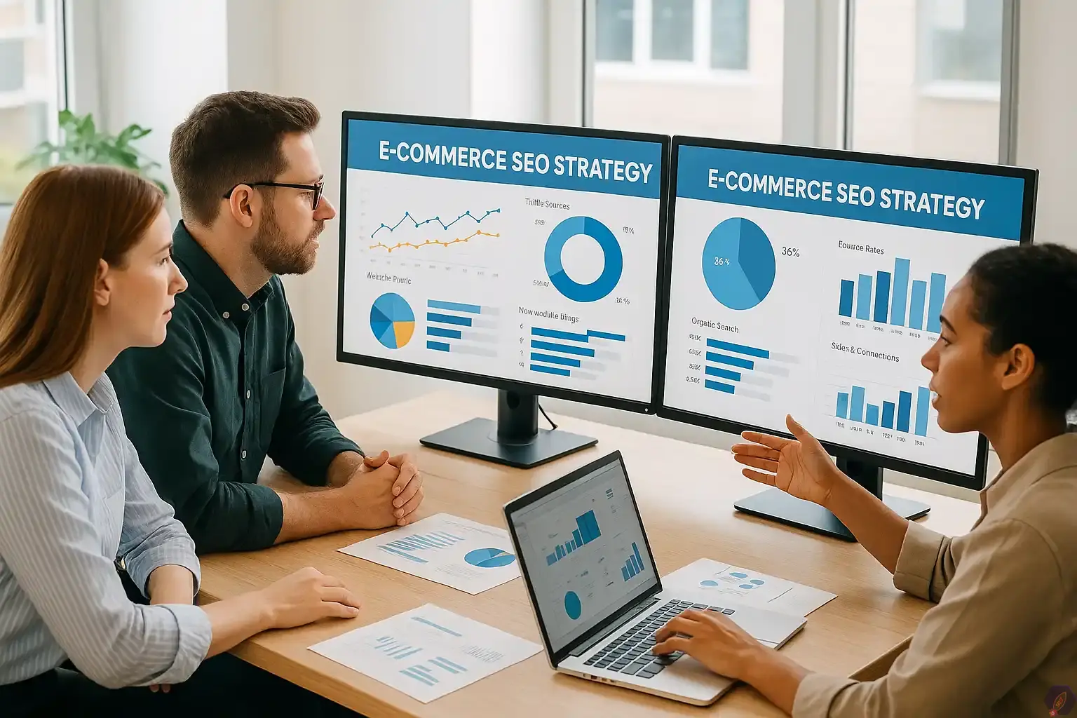 تیم بازاریابی دیجیتال در حال بررسی استراتژی سئو سایت فروشگاهی روی مانیتورهای بزرگ در یک دفتر مدرن.