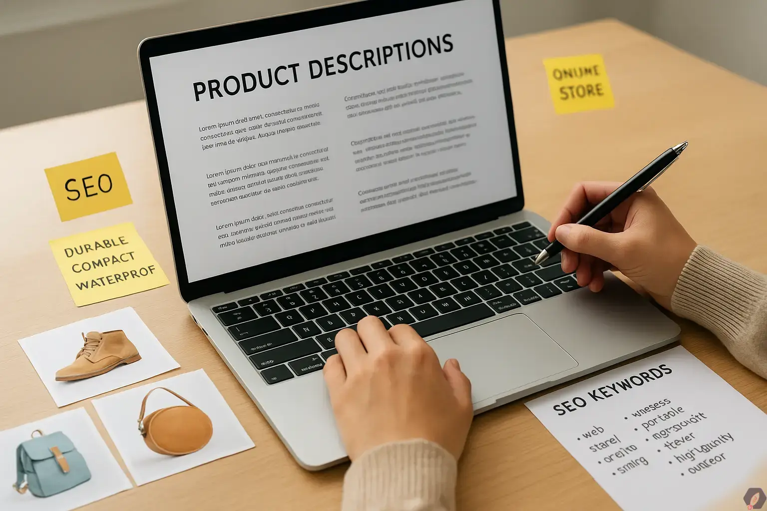 نویسنده محتوا در حال نوشتن توضیحات محصولات فروشگاه اینترنتی با تمرکز بر سئو و کلمات کلیدی در محیط کاری حرفهای.
