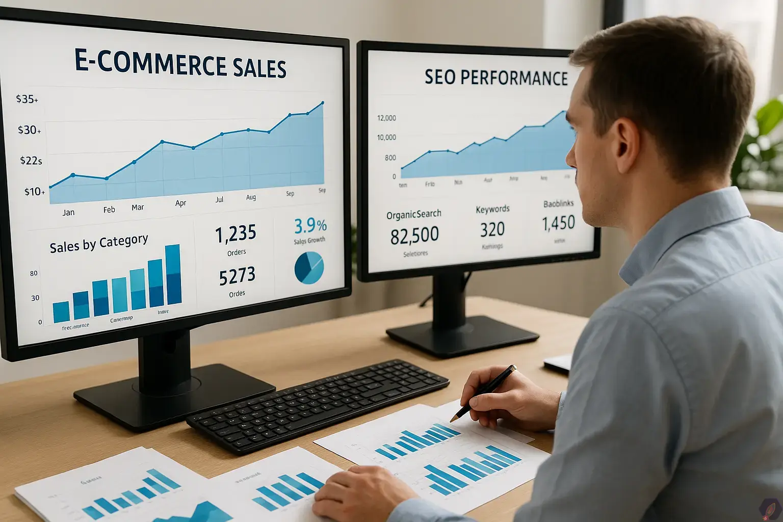 تحلیلگر وب در حال بررسی دادههای فروش و عملکرد سئو سایت فروشگاهی روی مانیتورهای دوگانه در محیط کاری مدرن.